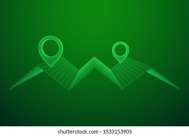 Geo map pin with folding map. Place symbol GPS pictogram. Wireframe low poly mesh vector illustration