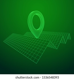 Geo map pin with folding map. Place symbol GPS pictogram. Wireframe low poly mesh vector illustration