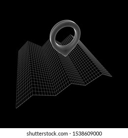 Geo map pin with folding map. Place symbol GPS pictogram. Wireframe low poly mesh vector illustration