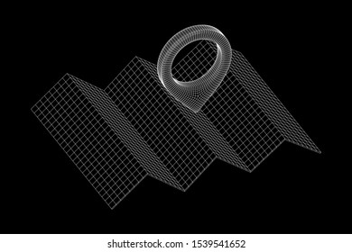 Geo map pin with folding map. Place symbol GPS pictogram. Wireframe low poly mesh vector illustration