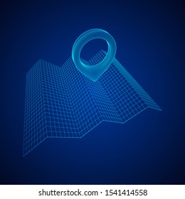 Geo map pin with folding map. Place symbol GPS pictogram. Wireframe low poly mesh vector illustration