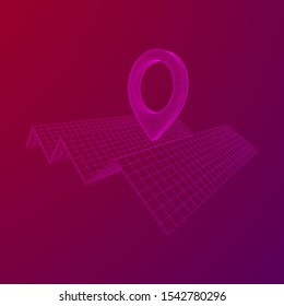 Geo map pin with folding map. Place symbol GPS pictogram. Wireframe low poly mesh vector illustration