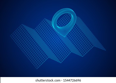Geo map pin with folding map. Place symbol GPS pictogram. Wireframe low poly mesh vector illustration