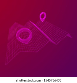 Geo map pin with folding map. Place symbol GPS pictogram. Wireframe low poly mesh vector illustration