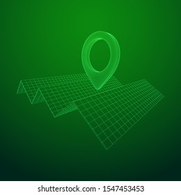 Geo map pin with folding map. Place symbol GPS pictogram. Wireframe low poly mesh vector illustration