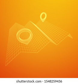 Geo map pin with folding map. Place symbol GPS pictogram. Wireframe low poly mesh vector illustration