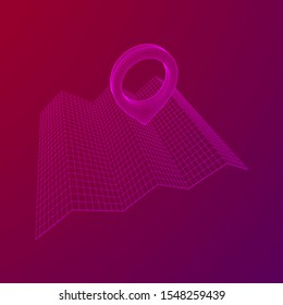 Geo map pin with folding map. Place symbol GPS pictogram. Wireframe low poly mesh vector illustration