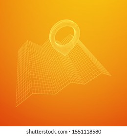 Geo map pin with folding map. Place symbol GPS pictogram. Wireframe low poly mesh vector illustration