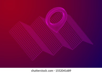 Geo map pin with folding map. Place symbol GPS pictogram. Wireframe low poly mesh vector illustration