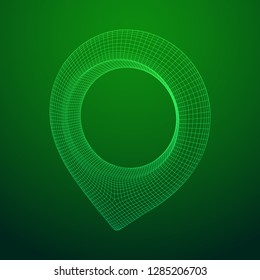 Geo map pin mesh. Place symbol GPS pictogram. Wireframe low poly mesh vector illustration
