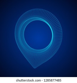 Geo map pin mesh. Place symbol GPS pictogram. Wireframe low poly mesh vector illustration
