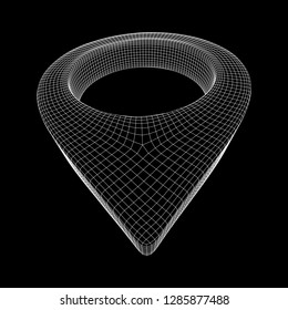 Geo map pin mesh. Place symbol GPS pictogram. Wireframe low poly mesh vector illustration