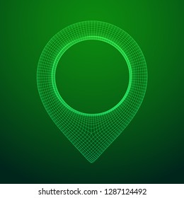 Geo map pin mesh. Place symbol GPS pictogram. Wireframe low poly mesh vector illustration