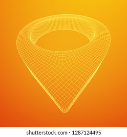Geo map pin mesh. Place symbol GPS pictogram. Wireframe low poly mesh vector illustration
