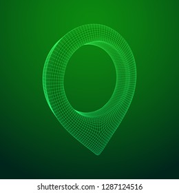 Geo map pin mesh. Place symbol GPS pictogram. Wireframe low poly mesh vector illustration