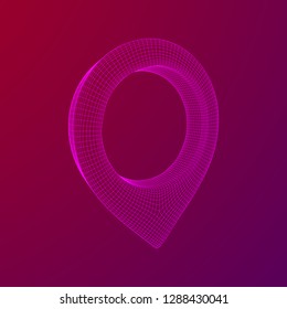 Geo map pin mesh. Place symbol GPS pictogram. Wireframe low poly mesh vector illustration