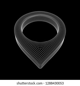 Geo map pin mesh. Place symbol GPS pictogram. Wireframe low poly mesh vector illustration