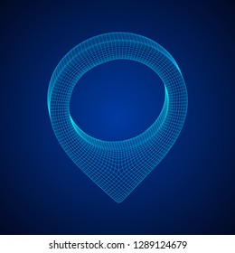 Geo map pin mesh. Place symbol GPS pictogram. Wireframe low poly mesh vector illustration