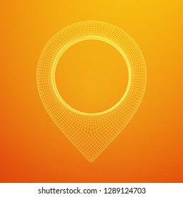 Geo map pin mesh. Place symbol GPS pictogram. Wireframe low poly mesh vector illustration
