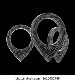 Geo map pin mesh. Place symbol GPS pictogram. Wireframe low poly mesh 3d render illustration