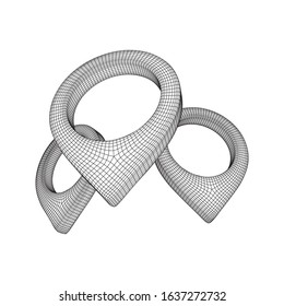 Geo map pin mesh. Place symbol GPS pictogram. Wireframe low poly mesh 3d render illustration
