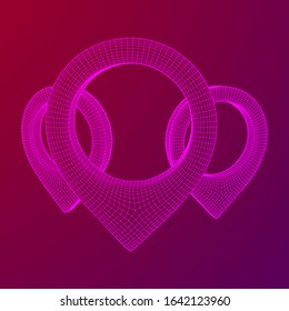 Geo map pin mesh. Place symbol GPS pictogram. Wireframe low poly mesh 3d render illustration