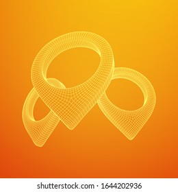 Geo map pin mesh. Place symbol GPS pictogram. Wireframe low poly mesh 3d render illustration