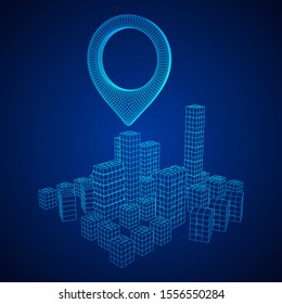 Geo map pin on Mesh low poly wireframe cubes array like skyscraper city. Connected lines town. Connection Box Structure. Digital Data Visualization Concept. Vector Illustration.. Place GPS pictogram.