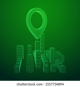 Geo map pin on Mesh low poly wireframe cubes array like skyscraper city. Connected lines town. Connection Box Structure. Digital Data Visualization Concept. Vector Illustration.. Place GPS pictogram.