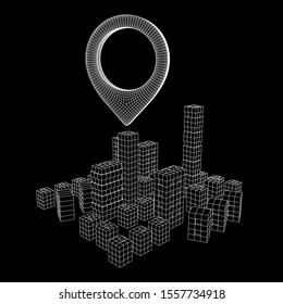 Geo map pin on Mesh low poly wireframe cubes array like skyscraper city. Connected lines town. Connection Box Structure. Digital Data Visualization Concept. Vector Illustration.. Place GPS pictogram.