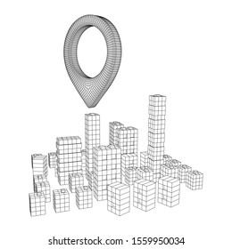 Geo map pin on Mesh low poly wireframe cubes array like skyscraper city. Connected lines town. Connection Box Structure. Digital Data Visualization Concept. Vector Illustration.. Place GPS pictogram.