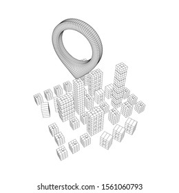 Geo map pin on Mesh low poly wireframe cubes array like skyscraper city. Connected lines town. Connection Box Structure. Digital Data Visualization Concept. Vector Illustration.. Place GPS pictogram.