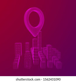 Geo map pin on Mesh low poly wireframe cubes array like skyscraper city. Connected lines town. Connection Box Structure. Digital Data Visualization Concept. Vector Illustration.. Place GPS pictogram.