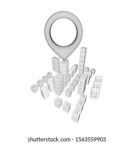Geo map pin on Mesh low poly wireframe cubes array like skyscraper city. Connected lines town. Connection Box Structure. Digital Data Visualization Concept. Vector Illustration.. Place GPS pictogram.