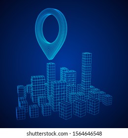 Geo map pin on Mesh low poly wireframe cubes array like skyscraper city. Connected lines town. Connection Box Structure. Digital Data Visualization Concept. Vector Illustration.. Place GPS pictogram.