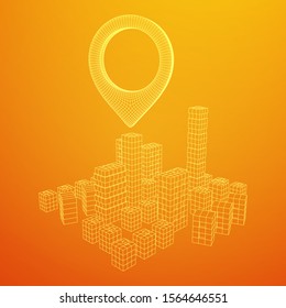 Geo map pin on Mesh low poly wireframe cubes array like skyscraper city. Connected lines town. Connection Box Structure. Digital Data Visualization Concept. Vector Illustration.. Place GPS pictogram.