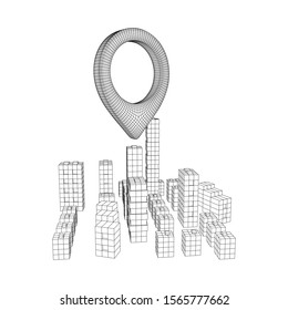 Geo map pin on Mesh low poly wireframe cubes array like skyscraper city. Connected lines town. Connection Box Structure. Digital Data Visualization Concept. Vector Illustration.. Place GPS pictogram.