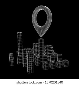 Geo map pin on Mesh low poly wireframe cubes array like skyscraper city. Connected lines town. Connection Box Structure. Digital Data Visualization Concept. Vector Illustration.. Place GPS pictogram.