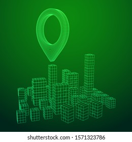 Geo map pin on Mesh low poly wireframe cubes array like skyscraper city. Connected lines town. Connection Box Structure. Digital Data Visualization Concept. Vector Illustration.. Place GPS pictogram.