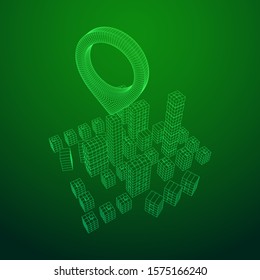 Geo map pin on Mesh low poly wireframe cubes array like skyscraper city. Connected lines town. Connection Box Structure. Digital Data Visualization Concept. Vector Illustration.. Place GPS pictogram.