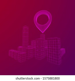 Geo map pin on Mesh low poly wireframe cubes array like skyscraper city. Connected lines town. Connection Box Structure. Digital Data Visualization Concept. Vector Illustration.. Place GPS pictogram.