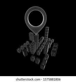Geo map pin on Mesh low poly wireframe cubes array like skyscraper city. Connected lines town. Connection Box Structure. Digital Data Visualization Concept. Vector Illustration.. Place GPS pictogram.