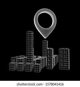 Geo map pin on Mesh low poly wireframe cubes array like skyscraper city. Connected lines town. Connection Box Structure. Digital Data Visualization Concept. Vector Illustration.. Place GPS pictogram.