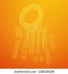 Geo map pin on Mesh low poly wireframe cubes array like skyscraper city. Connected lines town. Connection Box Structure. Digital Data Visualization Concept. Vector Illustration.. Place GPS pictogram.