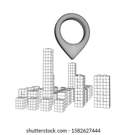 Geo map pin on Mesh low poly wireframe cubes array like skyscraper city. Connected lines town. Connection Box Structure. Digital Data Visualization Concept. Vector Illustration.. Place GPS pictogram.