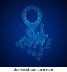 Geo map pin on Mesh low poly wireframe cubes array like skyscraper city. Connected lines town. Connection Box Structure. Digital Data Visualization Concept. Vector Illustration.. Place GPS pictogram.
