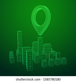 Geo map pin on Mesh low poly wireframe cubes array like skyscraper city. Connected lines town. Connection Box Structure. Digital Data Visualization Concept. Vector Illustration.. Place GPS pictogram.