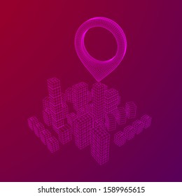 Geo map pin on Mesh low poly wireframe cubes array like skyscraper city. Connected lines town. Connection Box Structure. Digital Data Visualization Concept. Vector Illustration.. Place GPS pictogram.