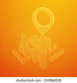 Geo map pin on Mesh low poly wireframe cubes array like skyscraper city. Connected lines town. Connection Box Structure. Digital Data Visualization Concept. Vector Illustration.. Place GPS pictogram.