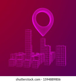 Geo map pin on Mesh low poly wireframe cubes array like skyscraper city. Connected lines town. Connection Box Structure. Digital Data Visualization Concept. Vector Illustration.. Place GPS pictogram.